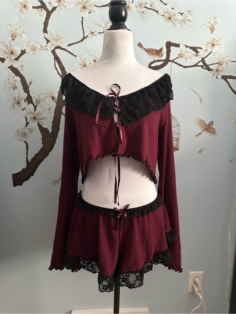 Burgundy and Black Lace-Trim Two-Piece Pajama Set